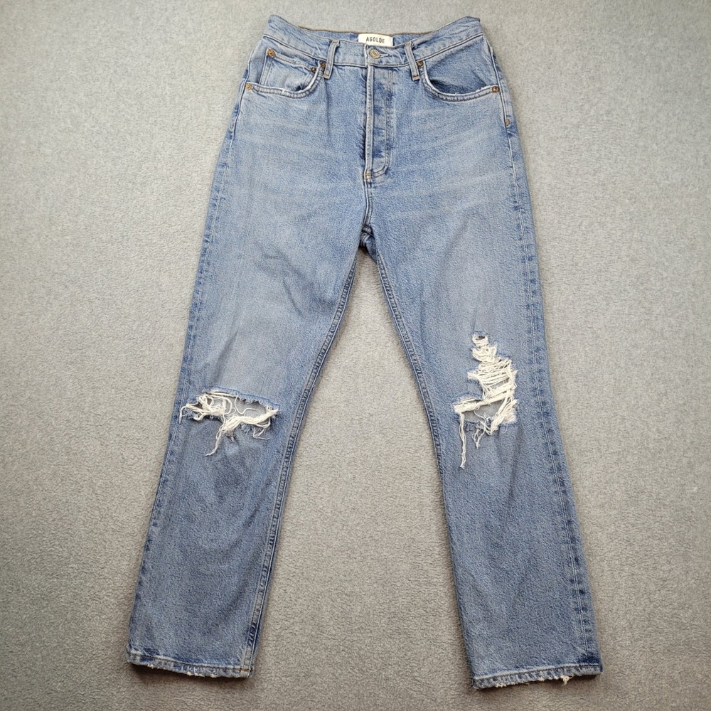 AGOLDE Riley Straight Crop Jeans Womens 27 Blue Distressed 26x25 High Rise